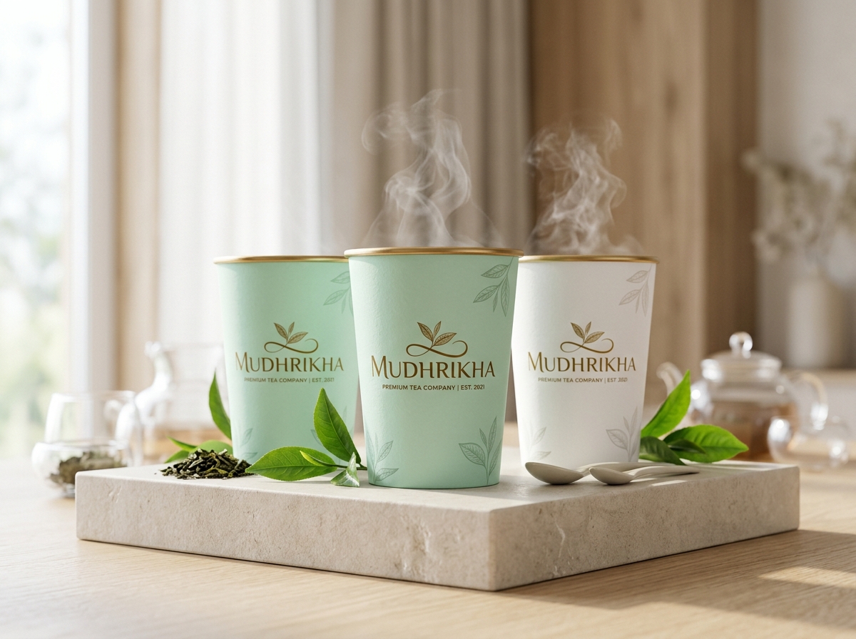 Mudrikha branded aesthetic pastel green and white paper cups