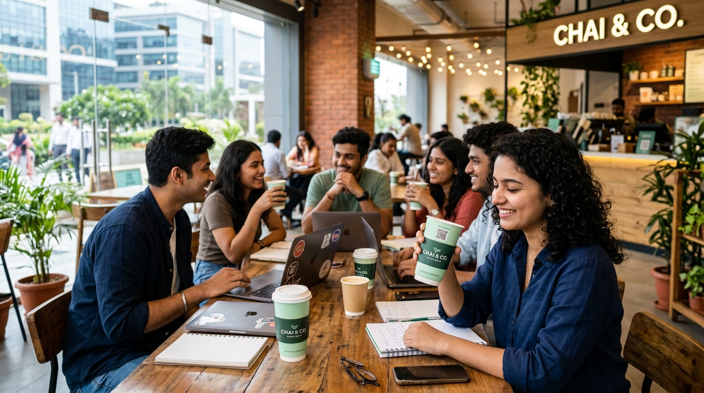 Young professionals in cafe holding Mudrikha branded paper cups